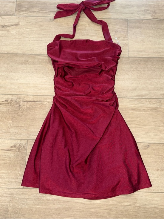 Windsor Dresses & Skirts - Windsor Halter Ruched Mini Dress in Deep Burgundy with front opening small